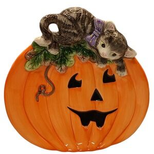 Fitz and Floyd Halloween Plate Decorative Kitty and Pumpkin Ceramic Orange Black